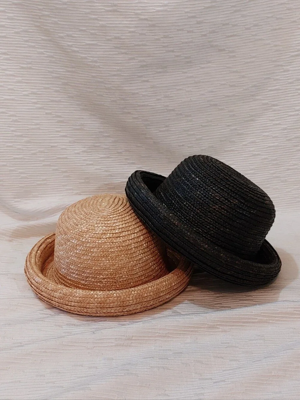 Vintage Black and Natural Straw Bowler Hats - Picture 1 of 9